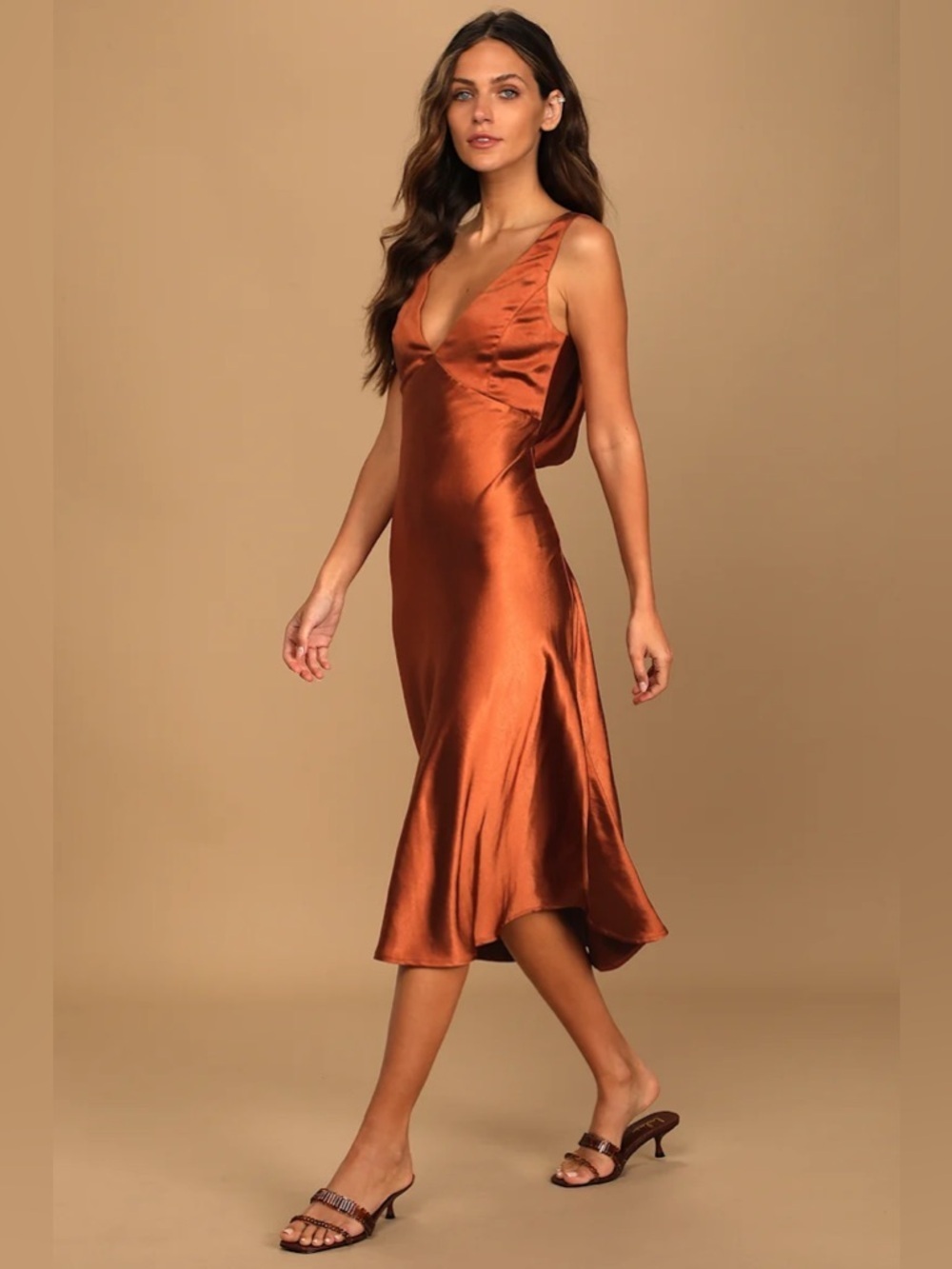 Lulus Incredible Love Brown Satin Cowl Back Midi Slip Dress - Picture 4 of 13